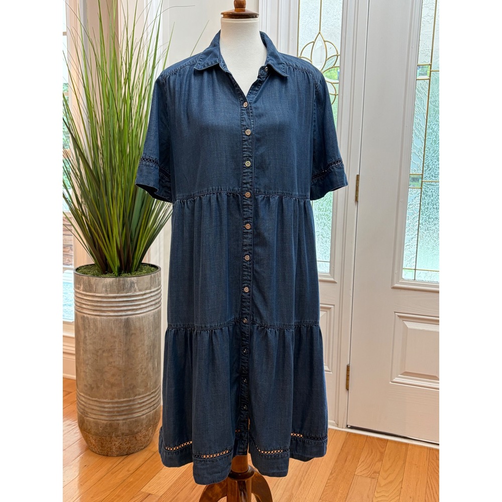Chico's Denim Lyocell Tiered Eyelet Shirt Dress Indigo Blue 2.5 Large 14 Cottage